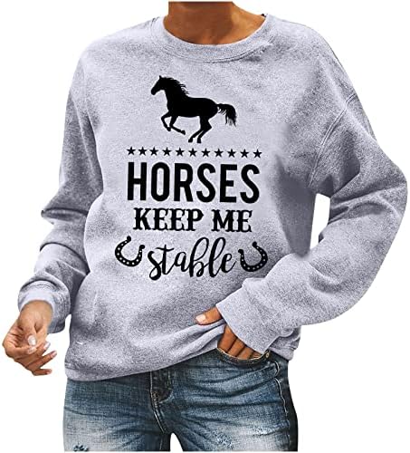 Женски коњи печатени џемпери лабава класична пулвер буква блузи случајни блузи со долг ракав пролетни врвови на врвови