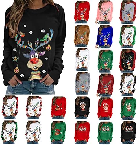 Божиќни џемпери на Wksclpai за жени грда ирваси графички кошули преголеми пулвер, Божиќна тема екипаж на екипаж на врвови со долг ракав