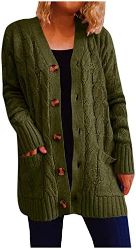 Cokuera omeенски мода есен цврст бучен плетен кардиган палто каузален лабав сингл на градите големи џебови џемпер за џемпер од надворешна облека