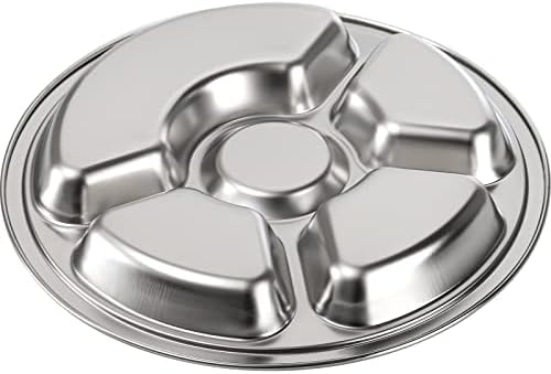 Зеофокс сет од 4 не'рѓосувачки челик поделена чинија за вечера, плочи од не'рѓосувачки челик со 5 секции, тркалезна послужавник,