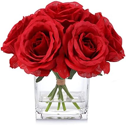 Рубисторија Црвени Рози Свилени Цвеќиња во Вазна Со Лажна Вода, Вештачка Роза со Вазна За Домашен Декор Затворен, Свадбена Маса