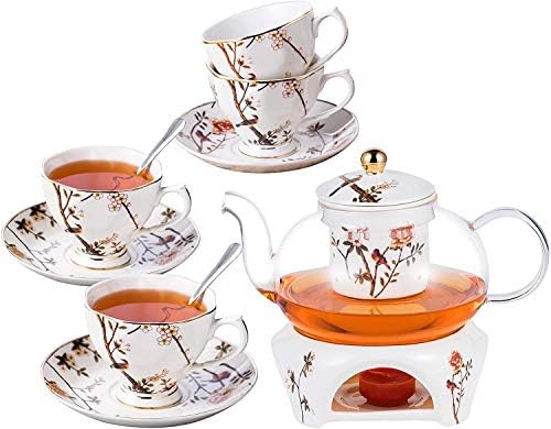 Чај сет за 4, коска Кина кафе сад чајник чаша и чинија сет со потопли и чај инфузер-птици и обрасци на дрвја