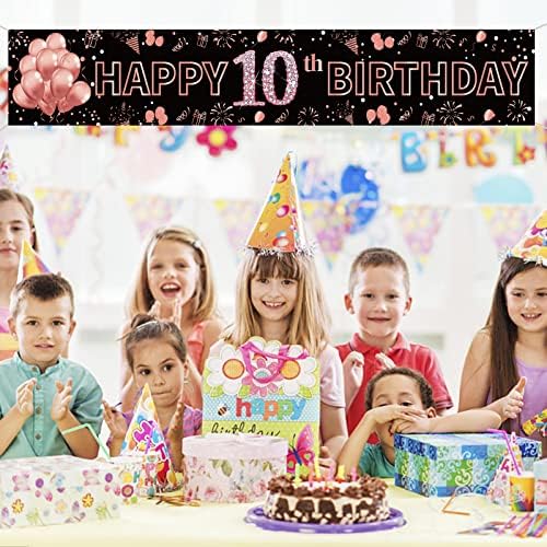 Среќен 10-Ти Роденден Банер Украси За Девојки - Голем 10-Ти Роденден Знак Позадина-Розово Злато 10 Годишниот Роденден Декорации Материјали Позадина