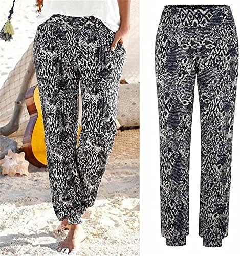 Grge beuu жени удобни дневни панталони со џебови долги панталони со високи половини панталони, случајни бохо печати лесни плажа