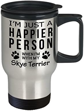 Куче Љубовник Патување Кафе Кригла-Посреќна Личност Со Скај Териер-Миленичиња Сопственик Спасување Подароци
