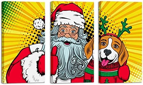Wallидна уметност за дневна соба, масло сликарство на платно Големо врамени Дедо Мраз прегратки Бигл куче уметнички дела за декор за домашна