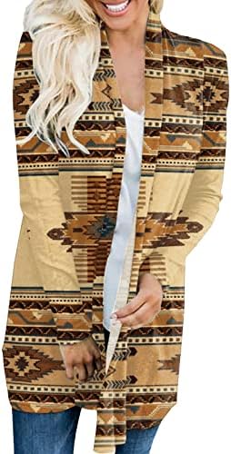 Ацтек печати кардиган за жени лесен обичен отворен фронт драпена блуза Ретро кошула со долг ракав, прикриени џемпери