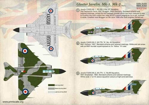 Печатење скала 72-370 Деклара за Gloster Javelin MK-1, MK-2, Дел 1 Влажна декларација 1/72