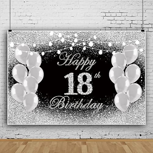 Dorcev 12x10ft Среќен 18 -ти роденден Сјај Сјајно црно сребро Бокех балони 18 -ти роденденски партиски знак за постер декорирање фотографија