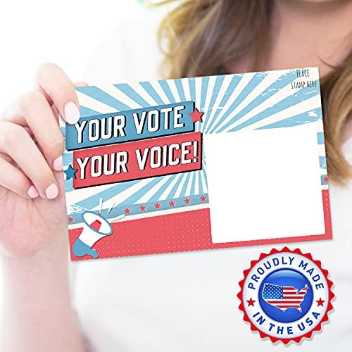 T MARIE 100 ГЛАВНИ ГЛАСНИ ПОСТАВНИЦИ 4x6 ” - Вашиот глас вашиот глас, црвена, бела и сина тема со празно враќање за порака до гласачите - поттикнувајте гласање во вашата др?
