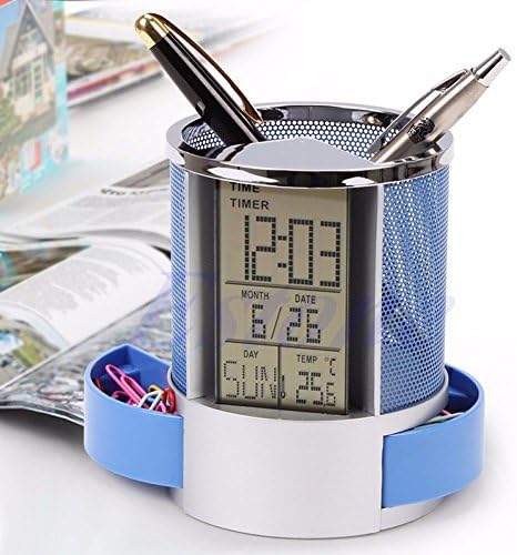 Држач за молив за пенкало HPPT со дигитални LED алармни часовници на календарот на календарот температура на температурата на времето на календарот