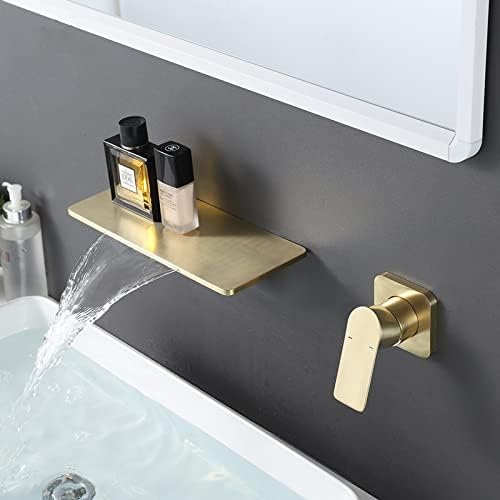 Wallид монтиран мијалник за мијалник за мијалник за бања, четкана златна водопад тапа со тапа со полица со полица