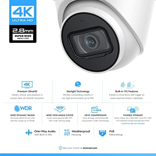 Систем за безбедносна камера AMCREST 4K W/ 4K 8CH POE NVR, X 4K IP67 водоотпорна метална бедем купола POE IP камери, претходно инсталирани