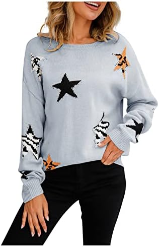 Женски џемпери за теретани модни џемпери со тркалезни starsвезди со долг ракав плетен пуловер џемпер пад фустани