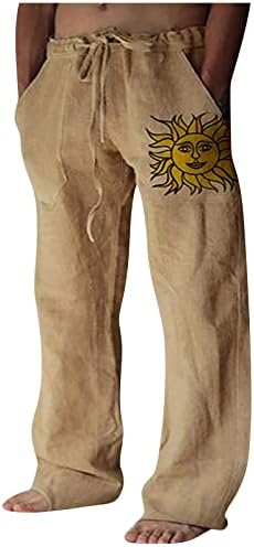 Машки панталони, машка модна обична памучна постелнина панталони лабава цврста боја удобна печатена панталони за јога панталони