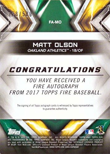 2017 Topps Fire Fa -Mo Matt Olson Сертифициран автограм за дебитантски картички за бејзбол - само 500 направени!