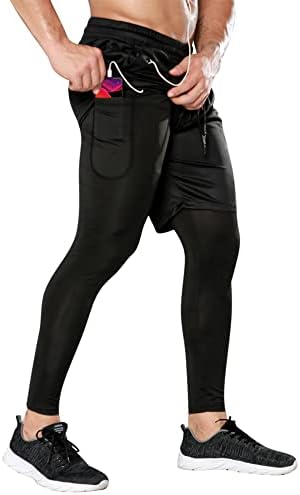 Панталони за компресија на Hotfiary Men со шорцеви 2 во 1 трчање во теретана за вежбање шорцеви хеланки компресии хулахопки со џеб