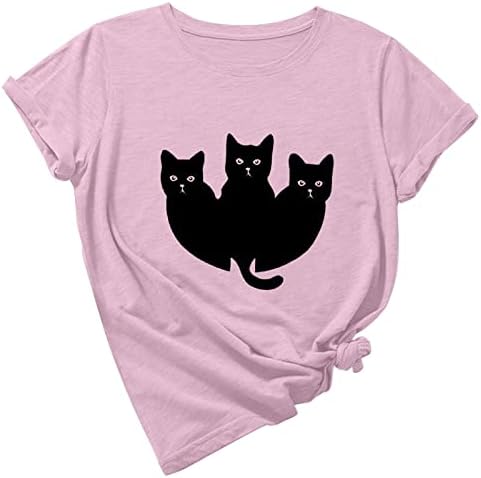 Тинејџерски девојки Каваи животински маички мачки печати опуштено вклопни блузи кошула со кратки ракави екипаж на вратот есен лето маичка 2023