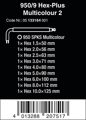 WERA 05024179001 TORX L-KEY Set 967 SL/9 со функција за задржување, мулти и 5133164001 950/9 HEX-PLUS Multicolour 2 L-Key Set, Metric, Blacklaser,