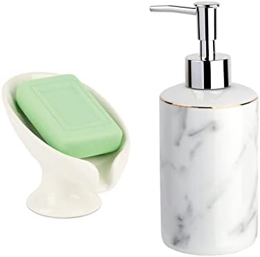 Диспензерот за сапун и сапун, бел керамички сапун за сапун, мермер изглед на лосион 12,5 мл, за туш за бања, дом на антис