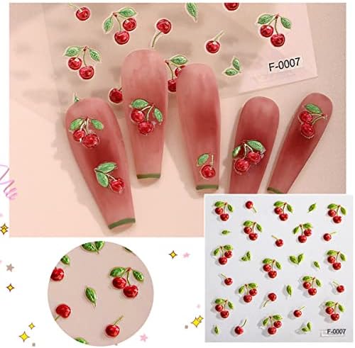 Налепници за нокти од цреша од цреша 3Д самолепливи розови цветни овошни обрасци нокти за декорации за маникир Арт Дизајн Денот на вineубените