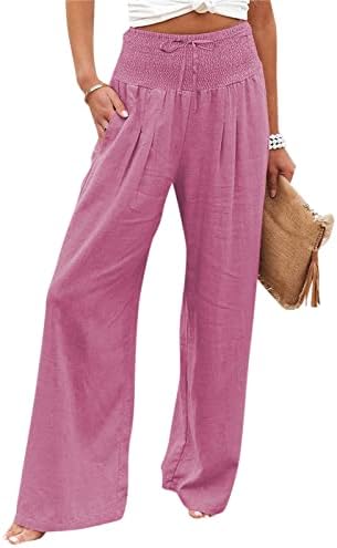Панталони за жени iaqnaOCC, удобни памучни постелнини широки нозе високи панталони на плажа со џебови