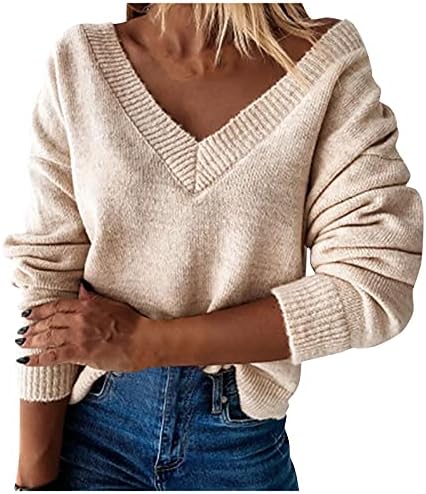 Секси џемпер со врвови со врат за жени за жени плетени долги ракави цврсти џемпери во боја врвни есен топло пријатно меко тенок фит лабав пуловер
