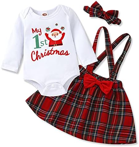 AOTY новороденче девојче Божиќна облека Мој 1 -ви Божиќ Ромпер Топ+Суспендерот карирано здолниште+сет за облека за глава