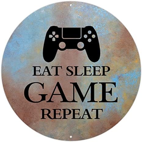 Godblessign Eat Sleep Game Повторете знаци хумор смешни тркалезни метални знаци за венци wallидни уметности фарма куќа декоративен венец