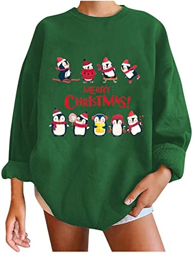 Женски Божиќни врвови со долг ракав, тркалезен врат Туника, обична лабава пингвин, симпатична графичка удобна кошули паѓаат врвови