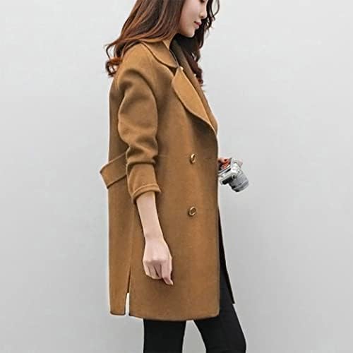 Женски лаптоп палто со двојно градите со средна должина јакна кардиган удобност топла надворешна облека за надворешна облека отворена предна
