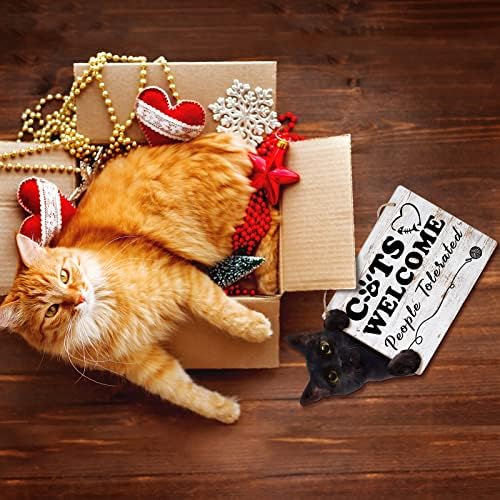 Amyhill Смешна мачка добредојде знак за црна мачка за Но, декор за Ноќта на вештерките, толерирани подароци за lубители на мачки дрвени