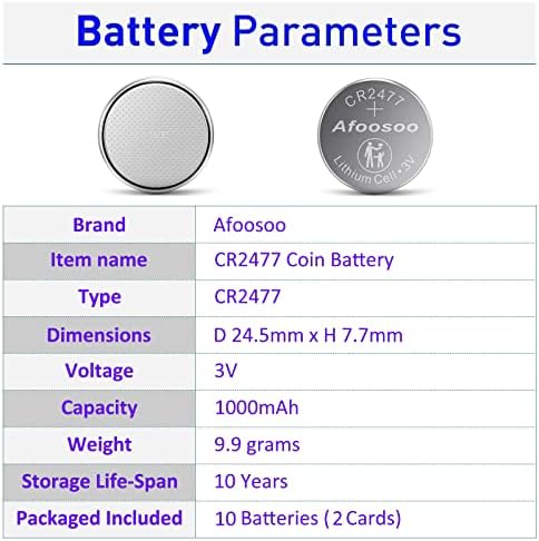 Afoosoo CR2477 3v Литиум Монета Батерии - 10 Пакет CR 2477 Копчето Ќелии 3 Волти 1000mah Батерија Компатибилен Со Hidrate Искра 3