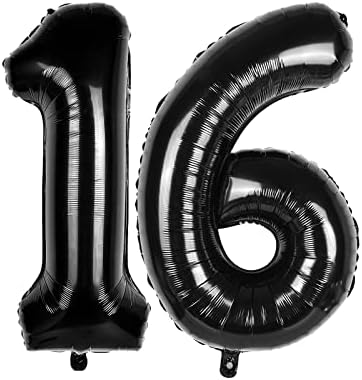 Голем црн балон број 16,40 инчи црна 16 -та миларна фолија хелиум роденденски балони ， црни 16 балони за свадба годишнини од роденденска