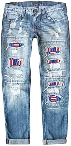 Womenените плус панталони женски фармерки Денот на независноста на Денот на независноста искинати панталони руно наредени Jeanан хеланки