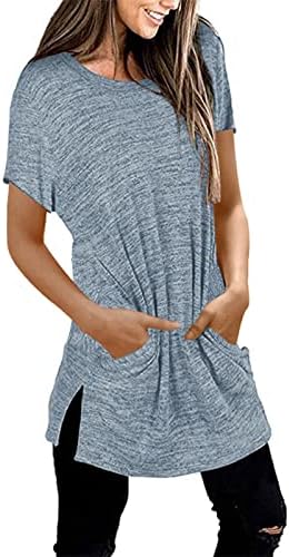 Туника на врвови за жени со долги ракави со долги ракави преголема маица мода солиден екипаж, обичен џеб миди-блуза пулвер