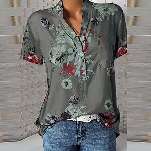 Женски случајни цветни печатени со кратки ракави со кратки ракави на вратот Боемско копче надолу на врвовите на блузата со џебови со џебови