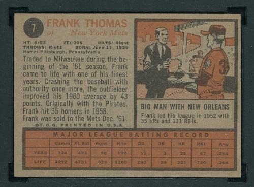 Убави Sgc 7.5 Nm+ Френк Томас 1962 Топс 7 Оценето Во Близина На Нане Плус Tcg Tphlc - Бејзбол Плочи Автограмирани Гроздобер Картички