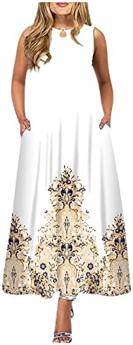 Фустани за жени 2023 година, женско секојдневно печатење голема фустан со облик на вратот, без ракав, без ракав, долг фустан