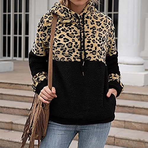 Женски каузален долг ракав Шерпа руно врвови со џебна боја блок худи леопард крпеница кошула за џемпери за џемпери
