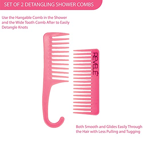 Revele 2 парче сет на чешлање со туш со куки | Широк чешел за туширање за заби дизајниран за сите видови на коса | Користете за влажна и сува коса