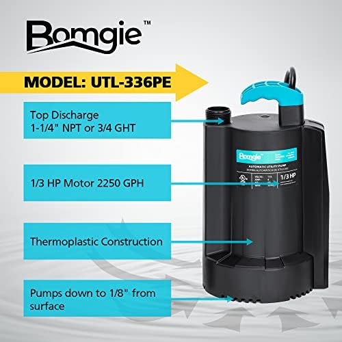 Автоматска пумпа за вода Bomgie 1/3 HP, пумпа за потопна алатка од 2250gph со 3/4 ”градинарско црево Проверете го вентилот за вентил