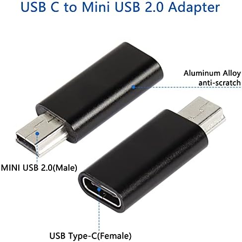 Cerrxian Mini USB до USB C адаптер, Mini USB машки во USB Cенски Connecotr Конвертирајте ја Поддршката за поддршка и синхронизација