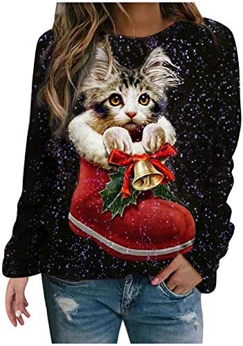 Iybwzh жени Божиќ џемпер врвови мода плус големина жени со долг ракав Божиќ печатени о-вратови врвови на маица блуза со маица