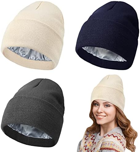 3 парчиња сатенски обложени со свила од свила, плетени мека зимска капа за жени, топла сатенска облога на черепот со манжетни