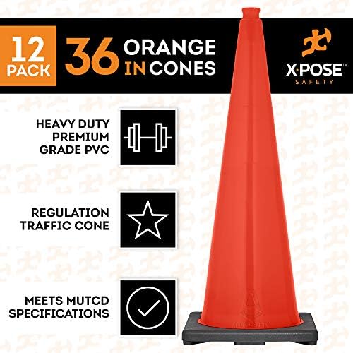 Xpose безбедност 36 инчи портокалови сообраќајни конуси - повеќенаменски ПВЦ пластичен безбедносен конус за паркирање, фудбал, претпазливост,