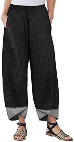 2023 памучни постелнини панталони плус големина, еластична половината широка нога палацо јога каприс удобна мода буги панталони со џебови