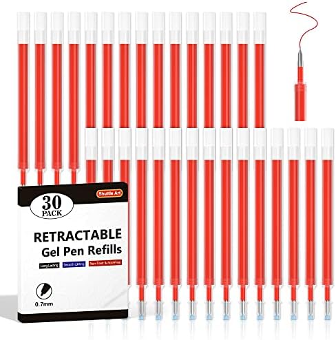 Пополнувања на пенкало за пенкало со шатл -уметност, 30 пакувања со црвени рокербол гел со мастило, рефил, рефус сет, 0,7 мм фино точка