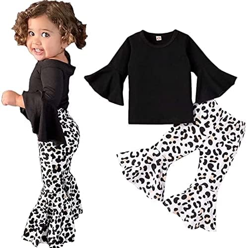 Мало мало дете бебе девојче bellвоно-дното на панталони за носеви хеланки облеки на обложен ракав + леопард печатење разгорени панталони