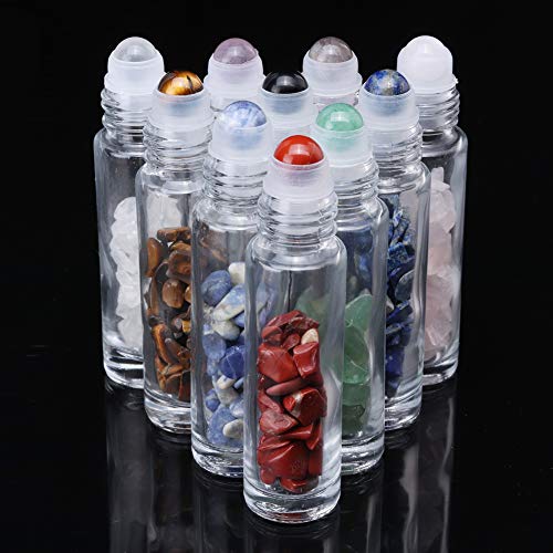 Чиста стаклена шишиња со ролери, 10 пакувања 10 ml 0,33fl Oz Gemstone Roller Ball за есенцијални масла, ролери со природни кристални камења со